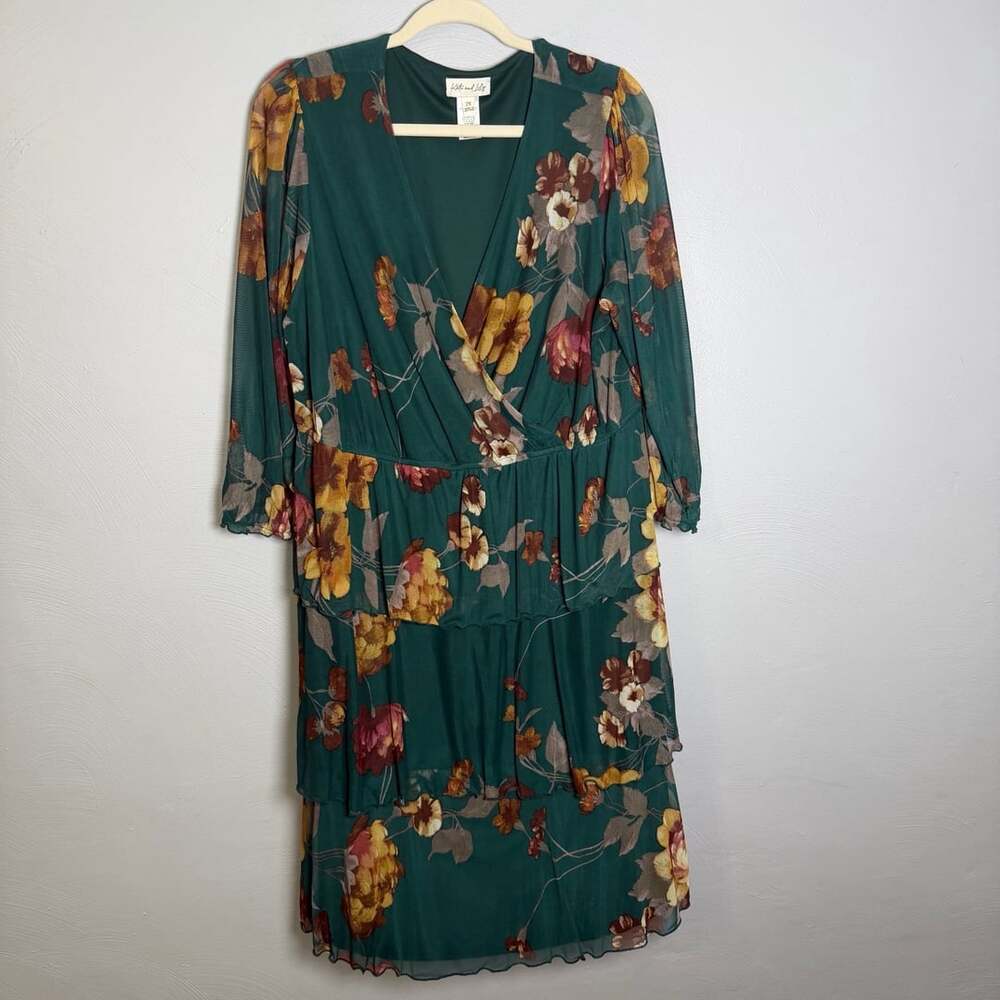 Kate And Lily Floral Tiered Dress Size 2X Green Surplice